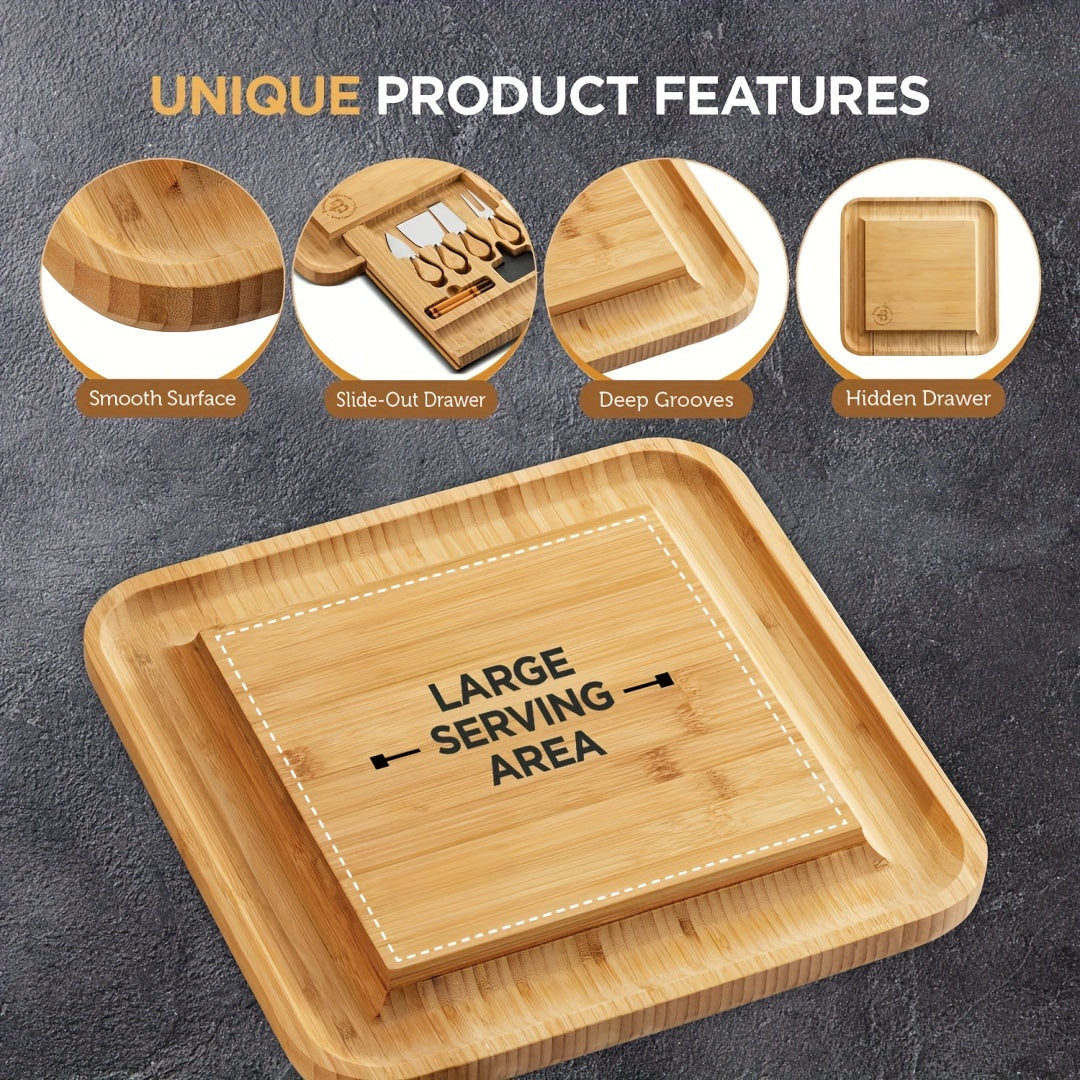 Bamboo Cheese Board Set with Tools - Sturdy, Water-Resistant, Simple to Clean Serving Tray for Charcuterie, Pizza, Snacks - Perfect for Christmas, Halloween, Easter, Thanksgiving, Valentine's Day