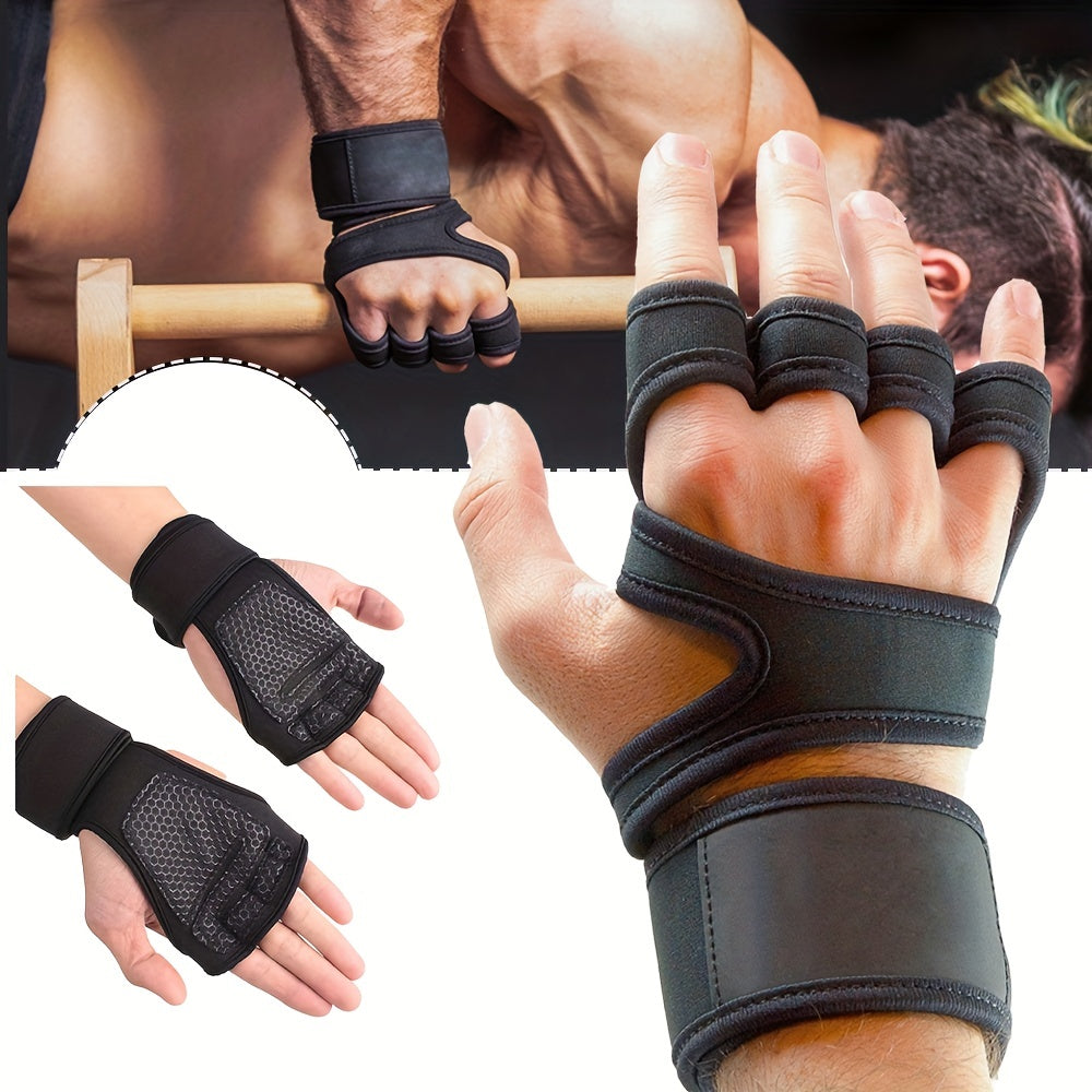 Half finger gym gloves with adjustable wrist support, ideal for pull-ups, barbell lifting and weightlifting. Made of breathable polyester fabric with hook-and-loop fastener closure in