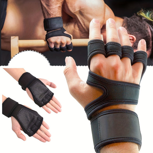 Half finger gym gloves with adjustable wrist support, ideal for pull-ups, barbell lifting and weightlifting. Made of breathable polyester fabric with hook-and-loop fastener closure in