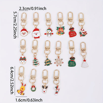 [Top Pick] Set of 16 Christmas-Themed Keychains featuring adorable Cartoon Alloy Metal designs of Santa, Reindeer, Snowflakes, Candy Canes, Bells, and Snowman.