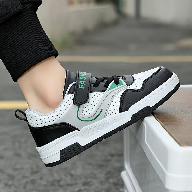 Youngsters' Low-Top Sneakers with Hook-and-Loop Closure, Breathable Perforated Toe Box, Black/White/Green Colorway, TPR Sole for Grip & Durability, Soft Fabric Lining, Ideal for Running &