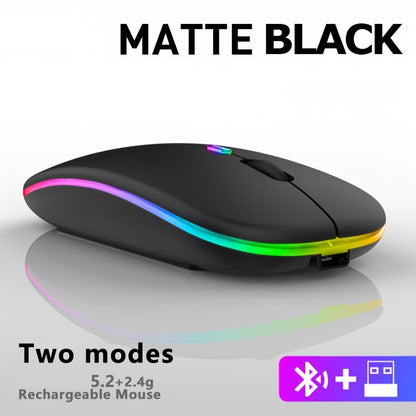 Dual mode 5.1+2.4g wireless gaming mouse with USB recharge capability, silent backlight, and ergonomic design for laptops.