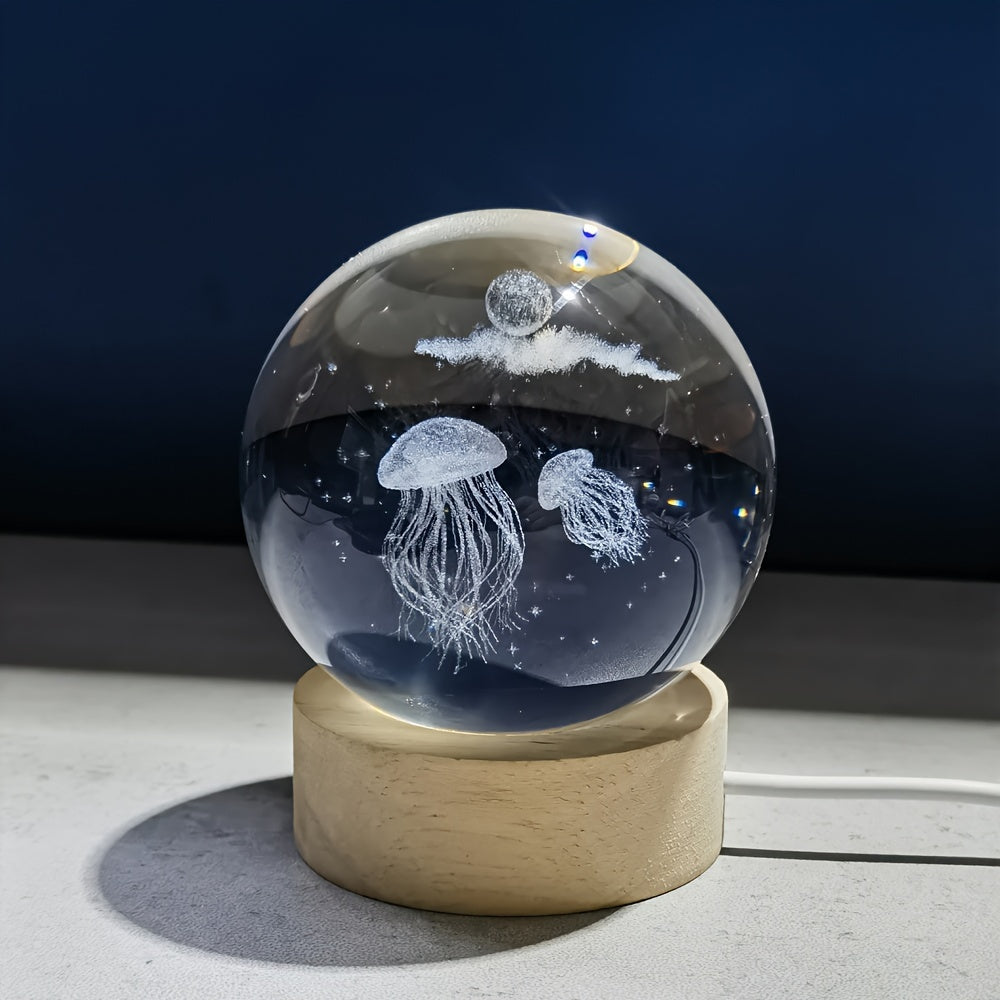 3D Dream Jellyfish Laser Engraved Crystal Ball LED Night Light - Perfect Creative Birthday Gift for Girlfriend, Classmate, or Wife.