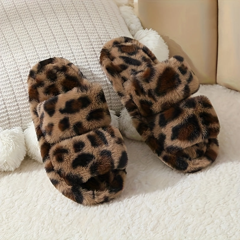 Women's soft plush cross-strap slippers with peep-toe fur, suitable for indoor and outdoor use.