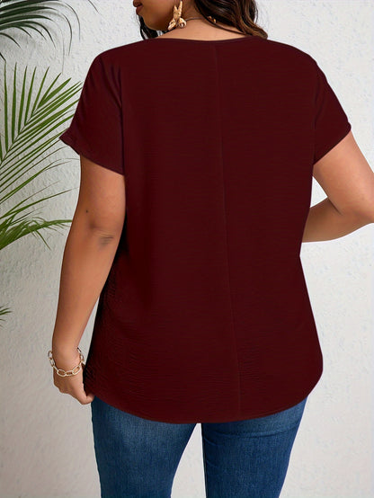 Elegant plus size women's top with lace detail and V-notch neckline, made of non-stretch polyester knit fabric, suitable for spring/summer/autumn. SKC: 3089137822.