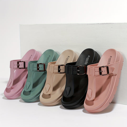 Comfortable Solid Color Flip Flops for Women, Casual Clip Toe Summer Shoes with Buckle Strap Detail