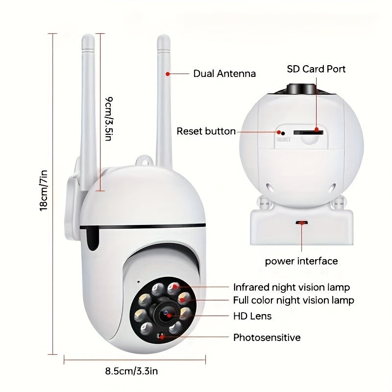 Wireless security camera with dual antenna, indoor wall mount, Android and app control, night vision, motion and audio alert, color display, USB powered, WiFi connectivity.