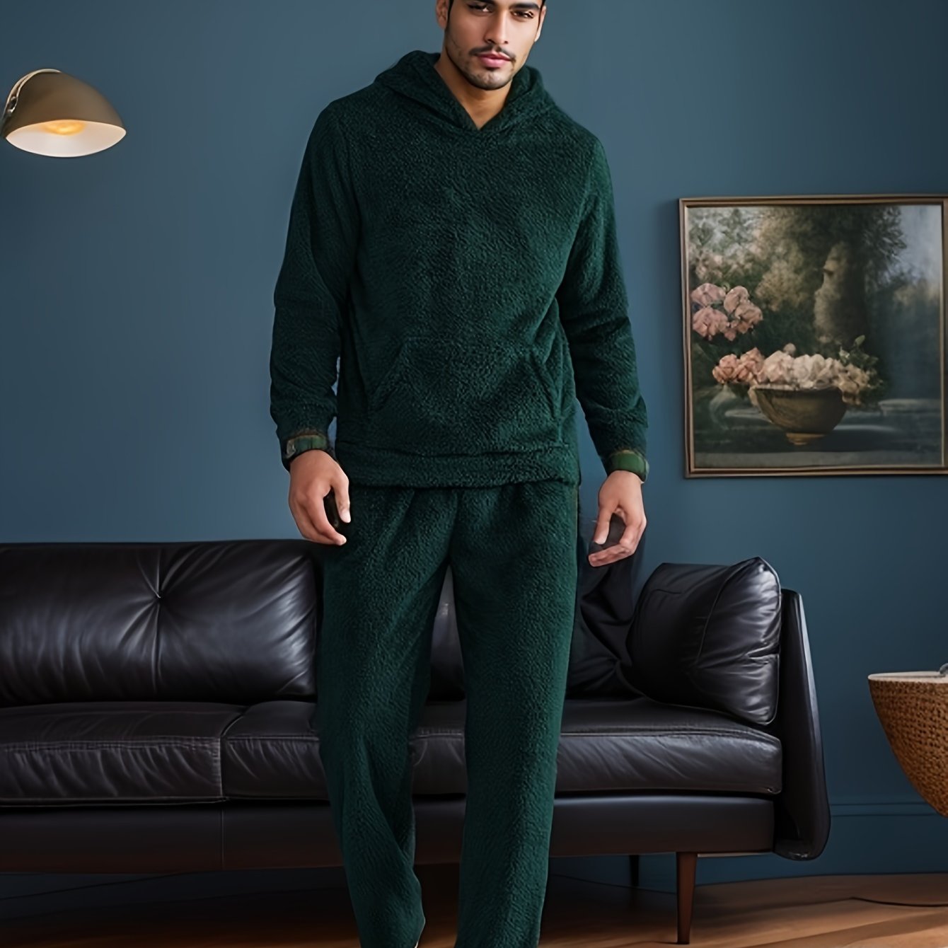 Cozy Men's Hooded Pajama Set made of plush fleece, with pockets and machine washable for winter sleepwear.