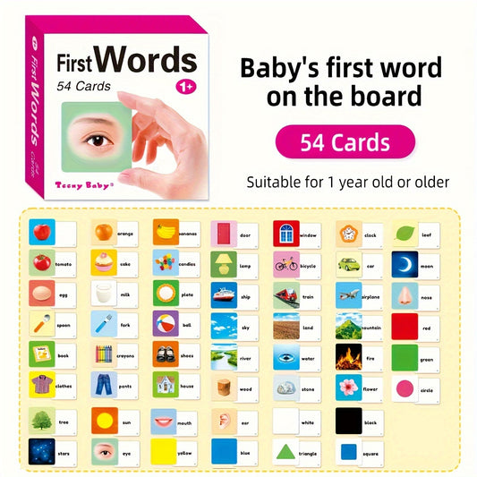 1 box of 54 English children's object word learning cards featuring 54 different object image cards with corresponding word learning cards, designed with rounded edges for safety.