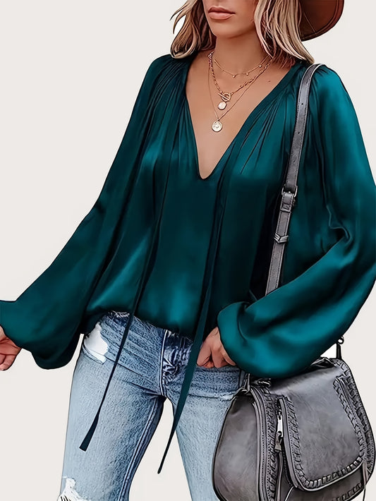 V-Neck Polyester Blouse with Tie Neck Detail - Draped Lantern Sleeves, Ruched Design, Loose Fit Casual Top for Women - Versatile All-Season Shirting