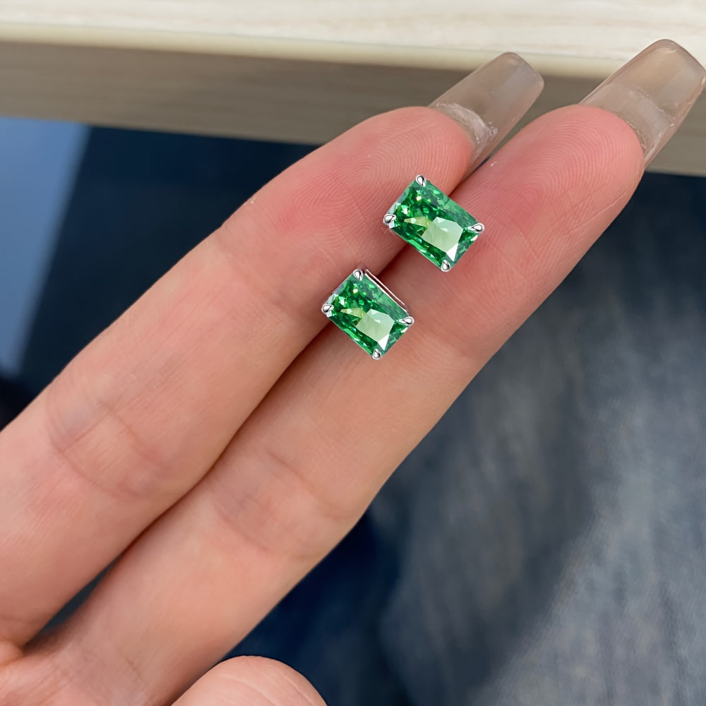 Stylish and elegant Women's Stud Earrings featuring 8 Carat Emerald Green Zirconia with Excellent Quality Sparkle Ice Cut, set in S925 Silver Plated with Platinum and Gold Mosaic. A popular and fashionable choice for women.