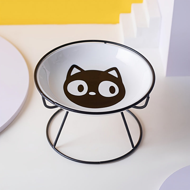 Pack of 2 includes 1pc Shelf + 1pc Bowl Ceramic Cat High Table Bowl with Cartoon Pattern. Health-conscious design suitable for pet feeding at home.