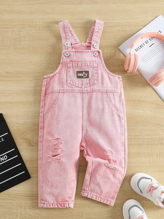 Baby girl's denim overalls with alphabet pattern, ripped detail, regular fit, made of cotton blend - perfect for spring/fall fashion