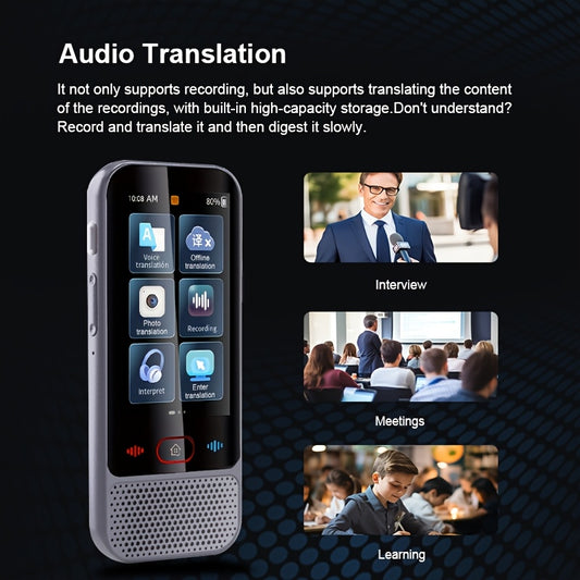 Portable dual-language translator with real-time voice & photo interpretation, supporting 142 online languages and 19 offline. Ideal for travel, business, and study.