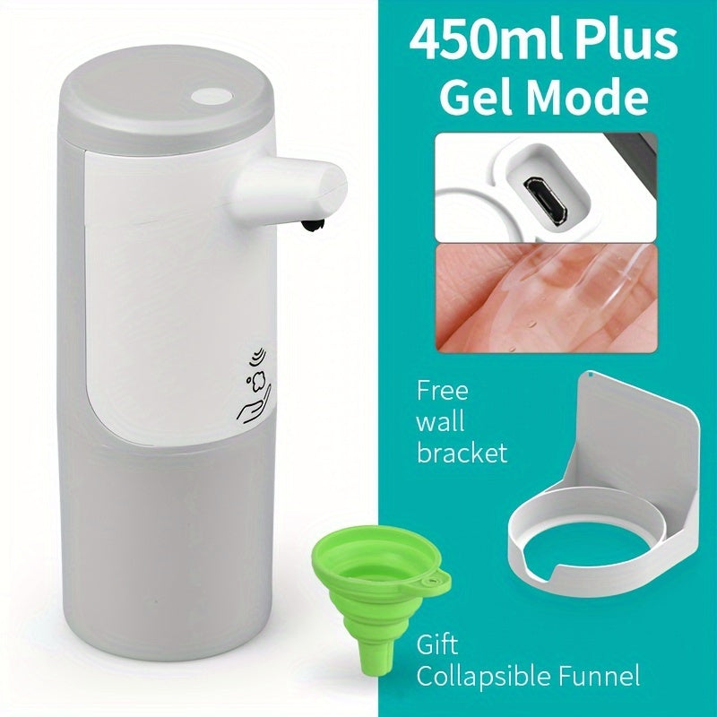 Touch-free soap dispenser with a 450ml capacity and 3-mode infrared sensor. This USB-C rechargeable dispenser is suitable for use in the bathroom, kitchen, or with hand sanitizer and dish soap. Made from plastic material and not intended for use with