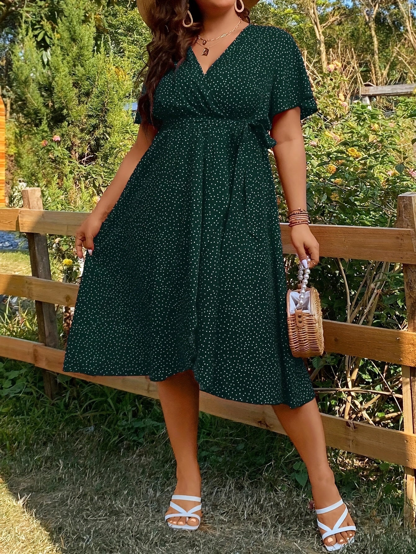 Plus size pin dot print belted dress for spring & summer in women's plus size.