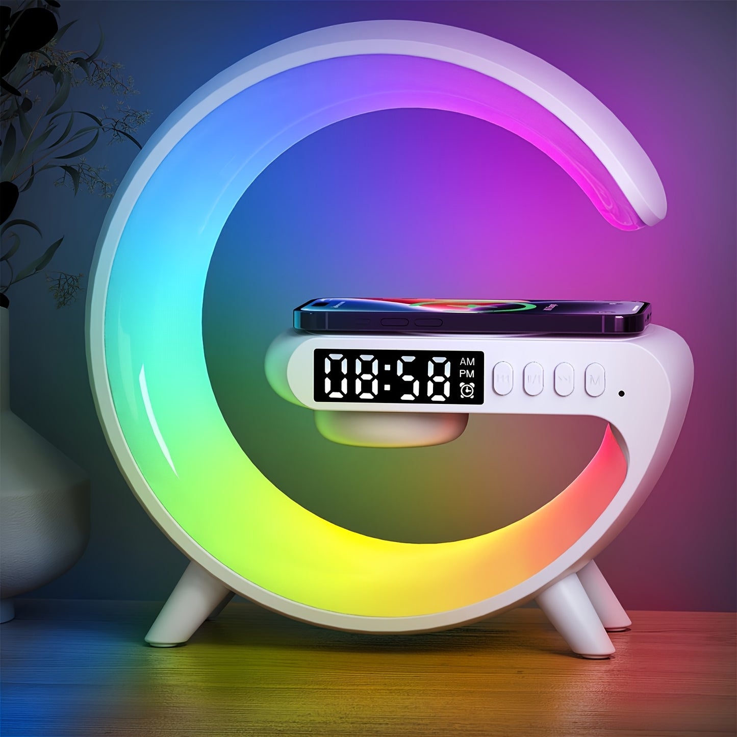 INEYES Smart Table Lamp features mobile phone wireless charging, wireless speaker, alarm clock, and night light. It serves as a stylish desktop decoration with adjustable light settings. This versatile lamp makes for a perfect gift for holidays