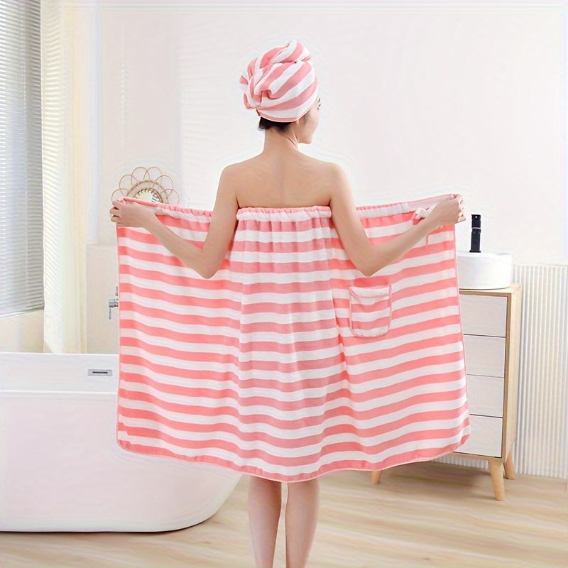 High quality 2-piece striped bath towel set includes soft cover up skirt towel and super absorbent hair drying towel. Perfect gift for skin-friendly shower experience. Ideal for bathroom and home supplies.