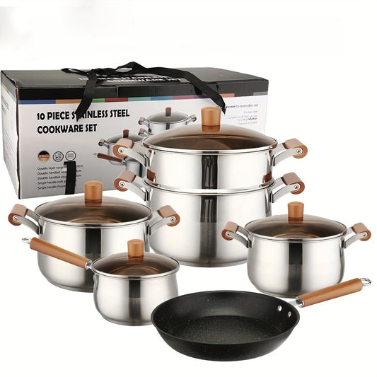 Stainless Steel Cookware Set includes 10 pieces, featuring frying and boiling pots, a non-stick skillet, and other versatile kitchen essentials. Suitable for use in both home kitchens and restaurants, this set is compatible with induction, gas, and