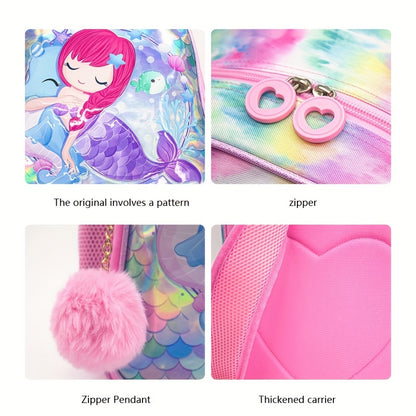 New 3-piece mermaid-themed student bag set includes a crossbody lunch bag, pen bag, and large capacity backpack suitable for school, travel, or outings. The backpack is lightweight and 16 inches in size.