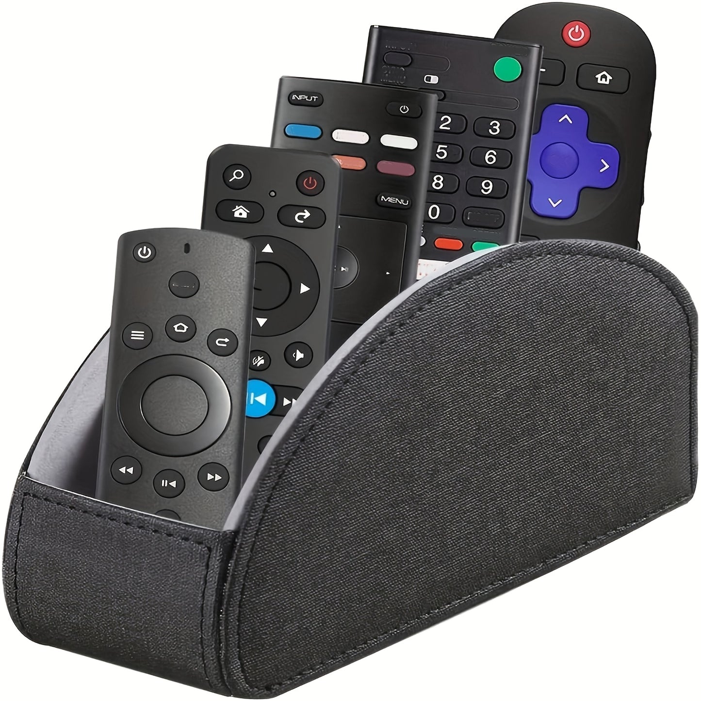 Compact faux leather remote control holder with 5 compartments for TV remotes, game controllers, and office supplies. Perfect for organizing on nightstands, desks, and tabletops. Ideal for home storage.