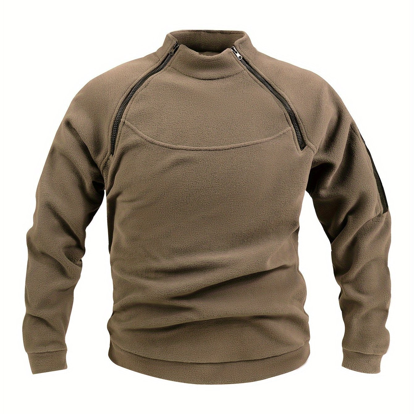 Men's Tactical Fleece Sweatshirt in Beige with Black Accents - Warm, Breathable, Durable, Zip-Up Design for Fall/Winter Outdoor Activities. Made of Polyester, Machine Washable with