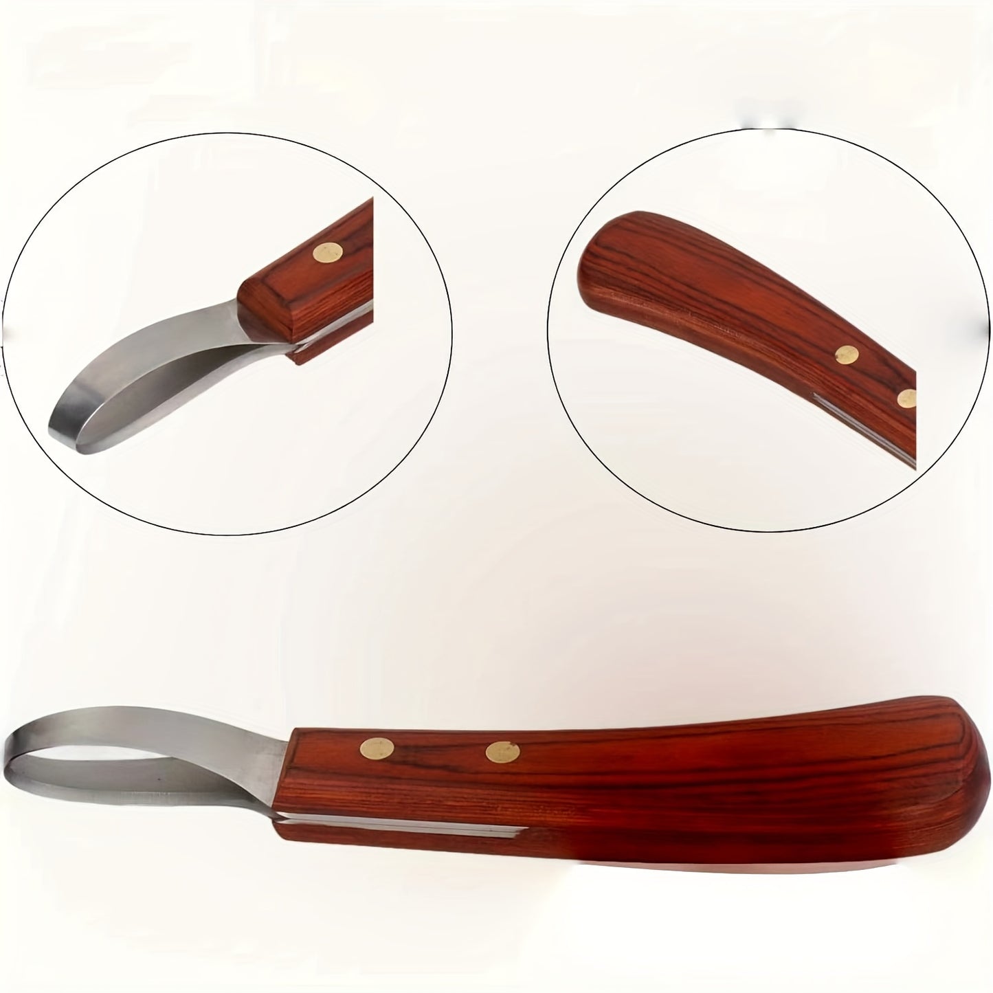 Double-edged horseshoe trimming knife with stainless steel blade and wooden handle for horses.