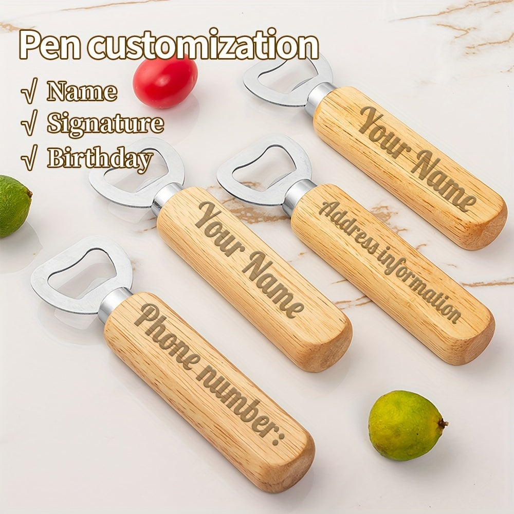 Custom engraved wooden beer bottle opener with stainless steel blade, perfect for any occasion.