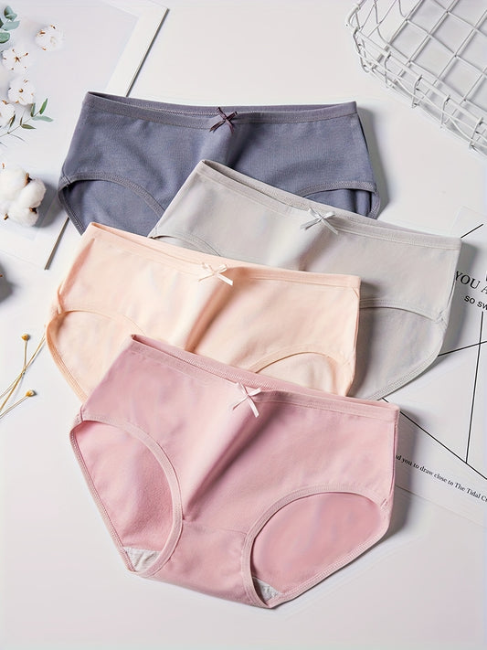 Set of 4 basic solid bow briefs, comfortable and breathable stretchy panties for women's lingerie.