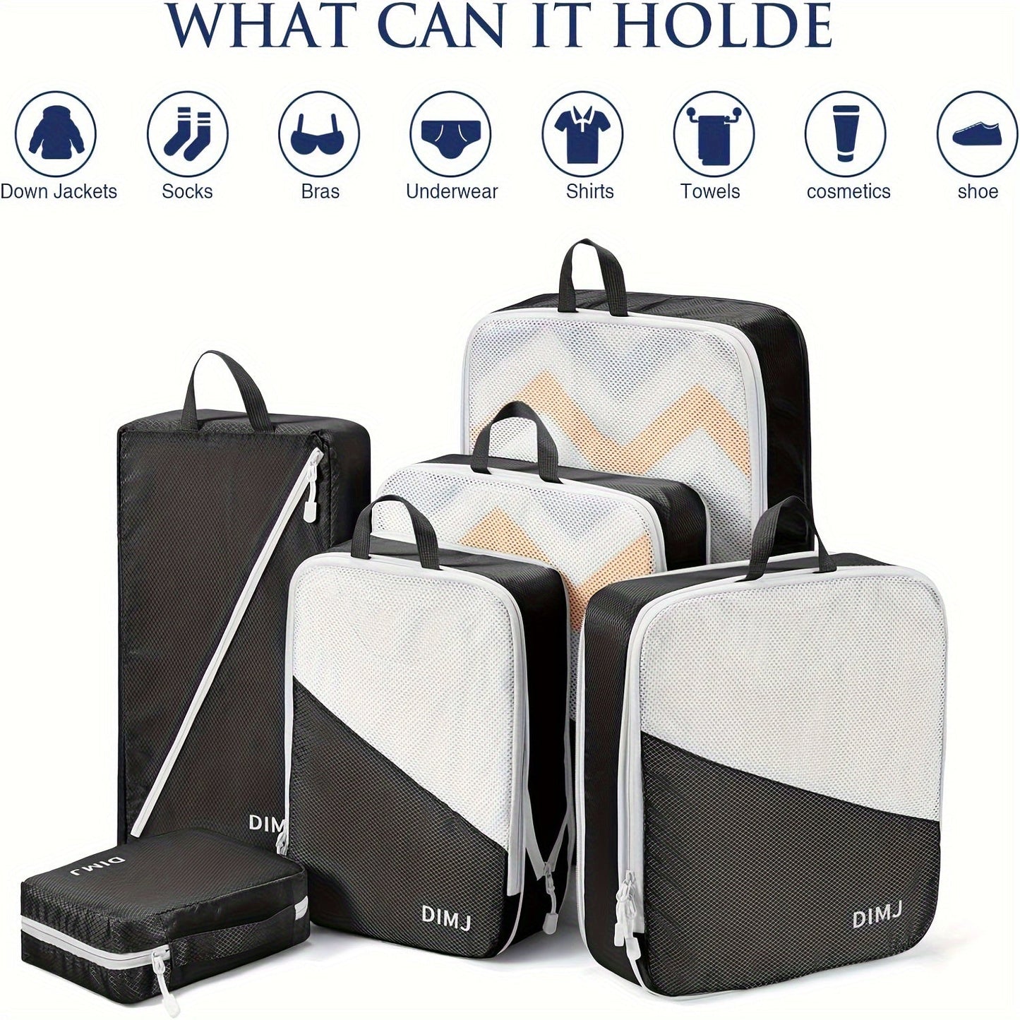 Set of 7 Compression Packing Cubes designed for travel, made from lightweight materials to fit easily into suitcase. Features sturdy handle for convenience, includes cubes for shoes, laundry, and underwear. Essential travel organization tools.