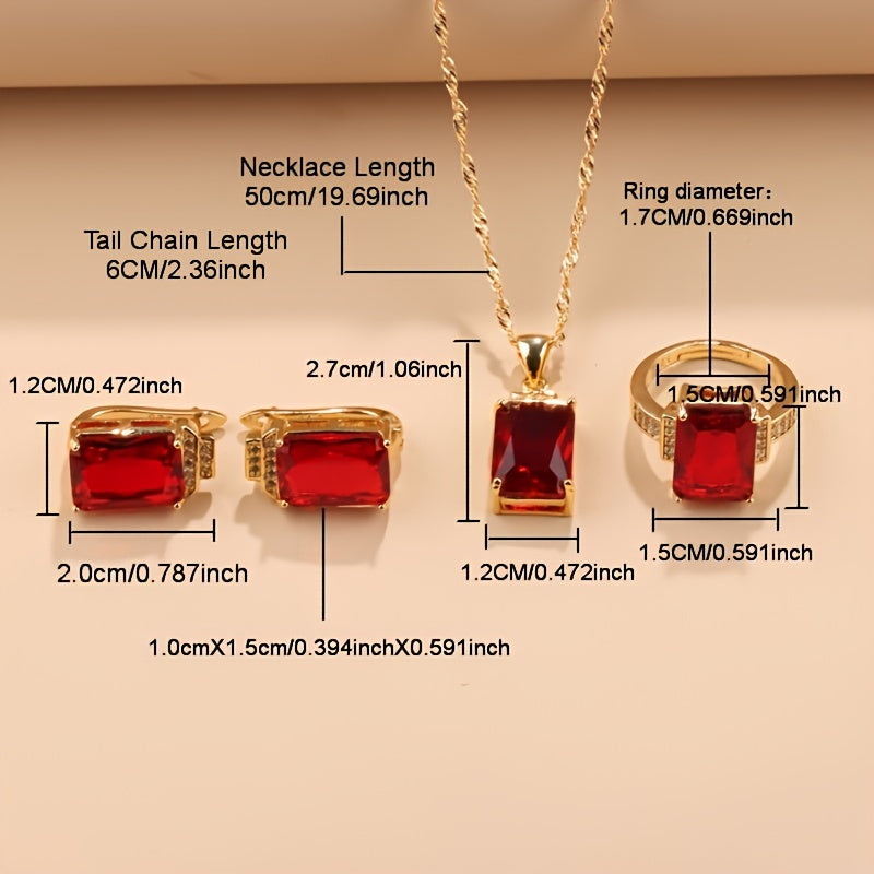 Elegant Vintage 18K Gold-Plated Jewelry Set - Includes Simple Fashion Square Wedding Bridal Earrings, Necklace Pendant, and Ring for Women, Made with Synthetic Zirconia Copper. No Batteries Needed, Perfect for Everyday Wear and Special Occasions.