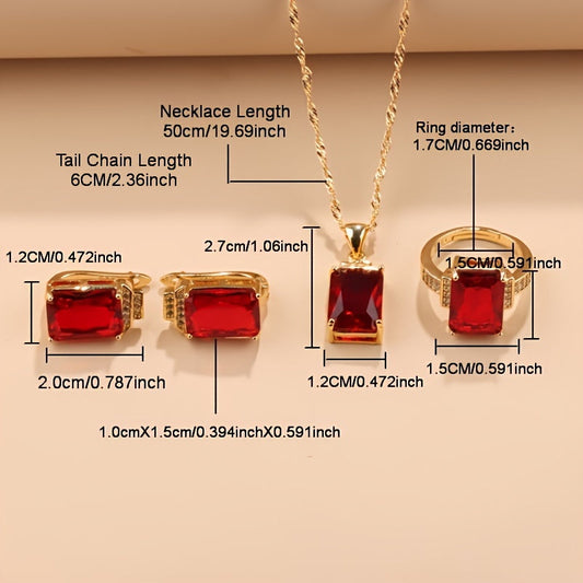 Elegant Vintage 18K Gold-Plated Jewelry Set - Includes Simple Fashion Square Wedding Bridal Earrings, Necklace Pendant, and Ring for Women, Made with Synthetic Zirconia Copper. No Batteries Needed, Perfect for Everyday Wear and Special Occasions.