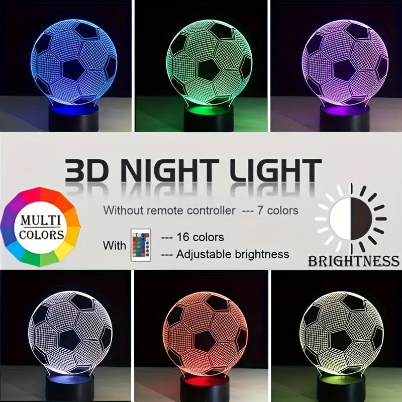 3D soccer ball illusion LED nightlight, geometric pattern, touch control, ideal for various spaces, sports theme, USB powered.