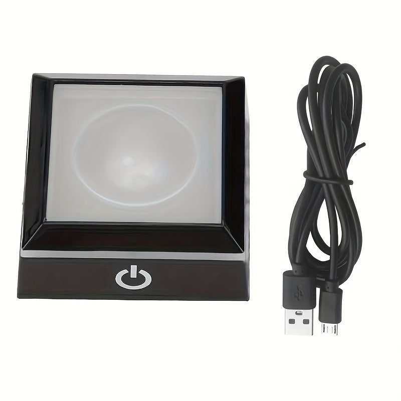 USB rechargeable LED light base for 3D crystals, touch-sensitive color-changing display, compatible with glass, acrylic, and translucent materials, includes power cable. 6.81x6.81x2.87 cm.