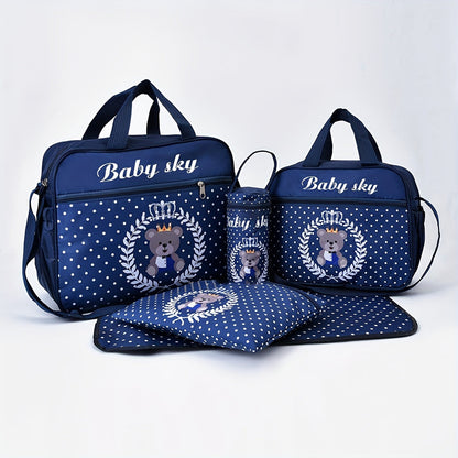 Five-piece set of fashionable bear-printed mommy bags with large capacity, featuring a multifunctional design for carrying as a one-shoulder messenger bag or diaper bag.