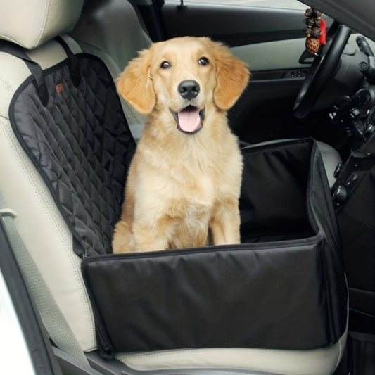 Waterproof fabric dog seat cover with seat belt tether, quilted design, and non-slip bottom. Durable protector for cars, trucks, and SUVs with universal fit and four zipper access.