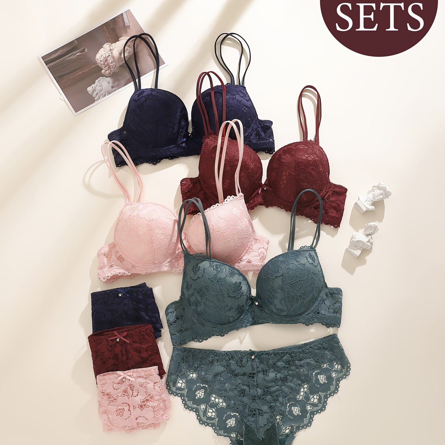 4-piece bra set with steel ring and sexy lace for women, designed to gather, uplift, and prevent sagging.