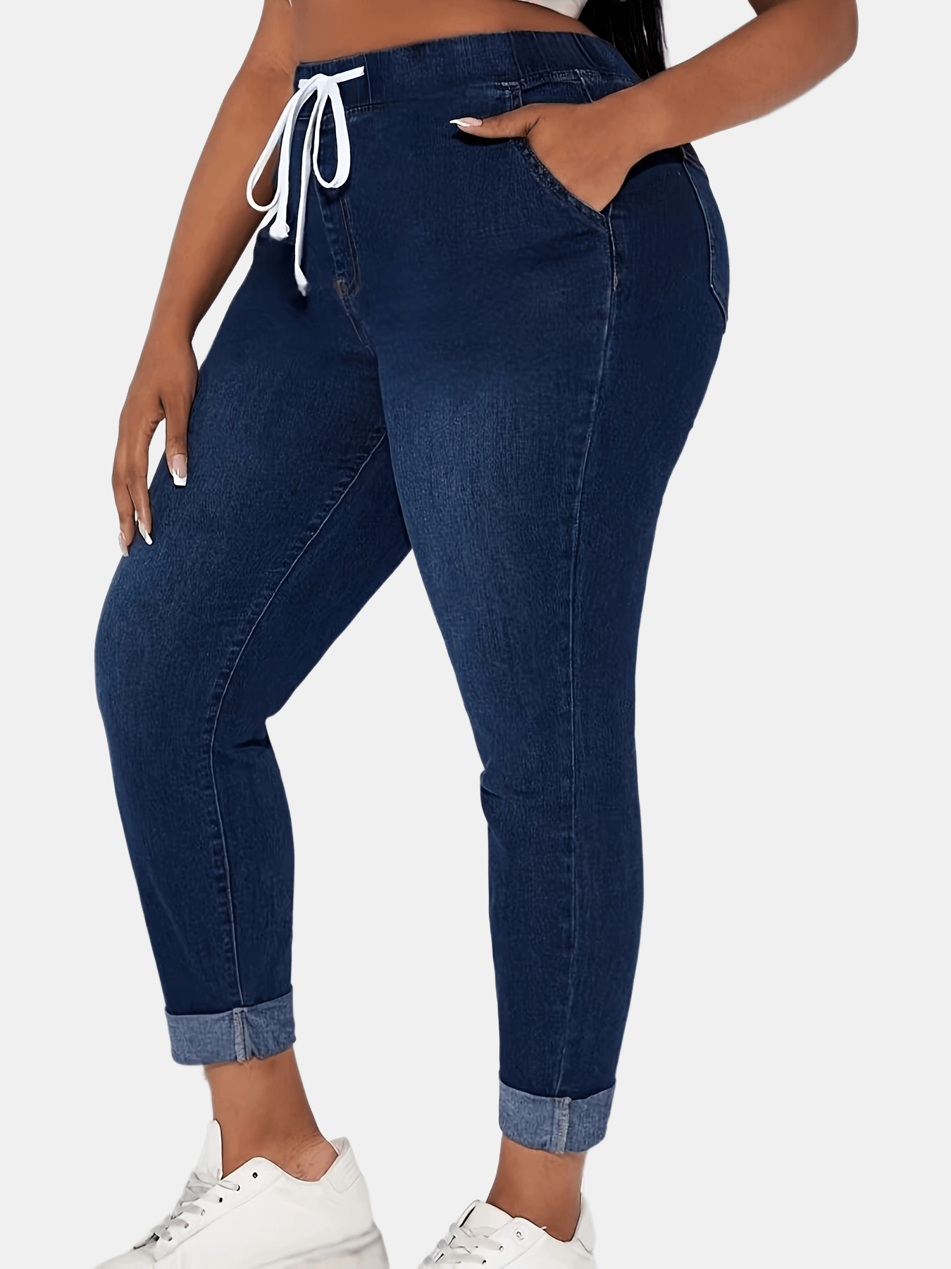 Womens' Plus Size High Waist Denim Jeans, Stretchy Cotton Blend, Solid Color, Long Skinny Fit, with Drawstring Waist and Cuffed Hem, All Season Wear