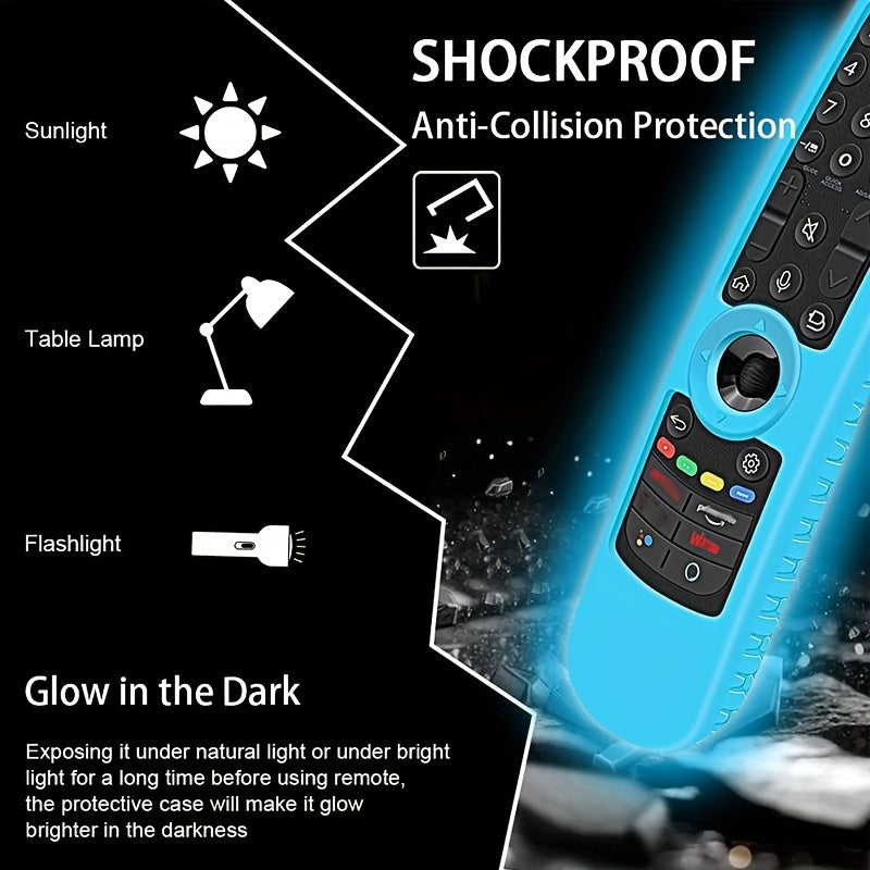 Protective silicone case for LG Magic Remote MR21GA, MR22GA, MR23GA with anti-slip design. Available in black, glow blue, and glow green.