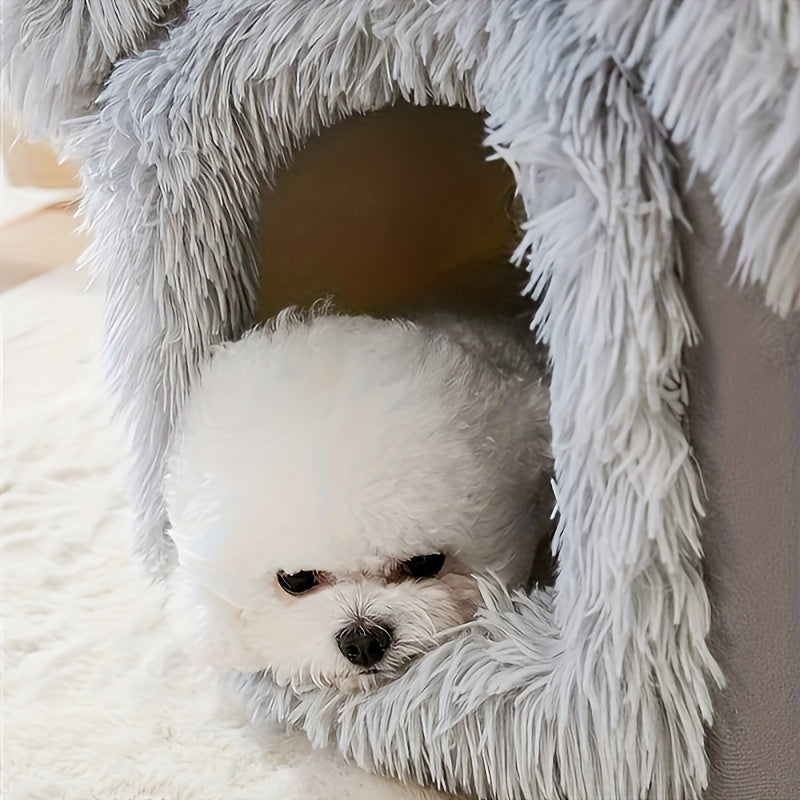 Plush pet bed for cats and dogs with removable non-slip bottom, suitable for four-season use in a semi-enclosed design.