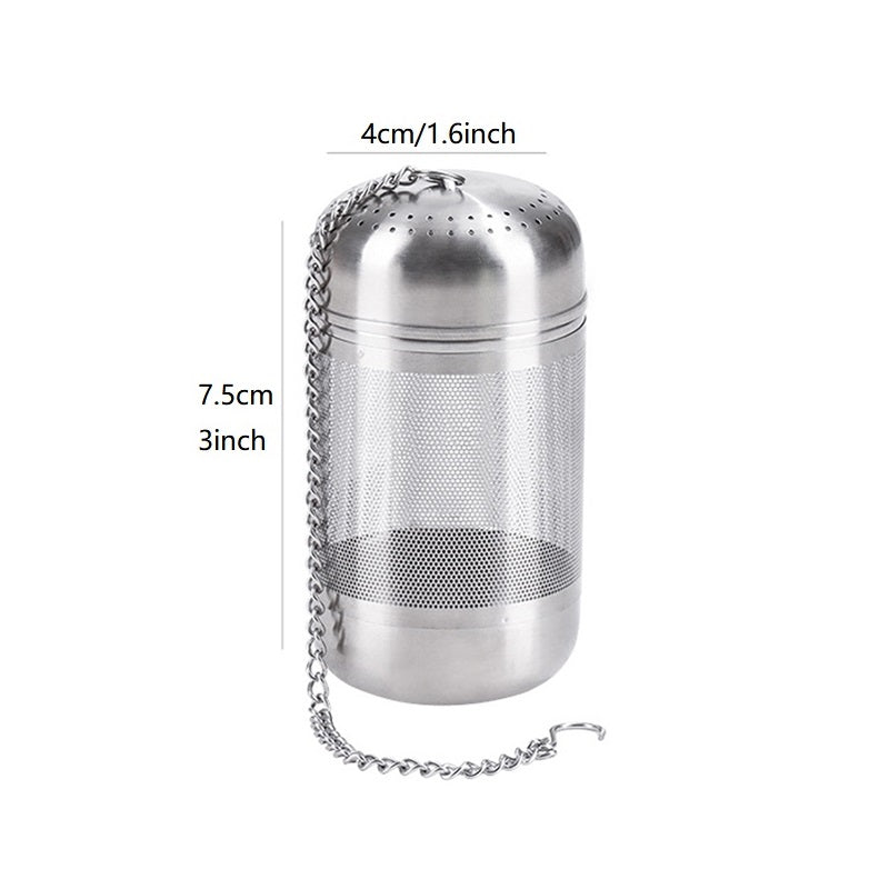 One piece of a large tea infuser made of 304 stainless steel with a mesh tea ball design. This food-grade tea strainer includes an interval diffuser and an extended chain hook for loose leaf tea and coffee. Perfect for coffee accessories.