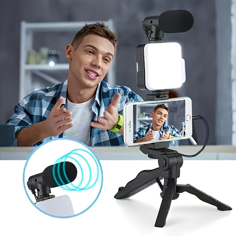 One Universal 3-in-1 Smartphone Video Blogging Kit with LED Ring Light, Mini Shotgun Microphone, and Tripod Stand - Battery-Powered, for Live Streaming, Video Calls, and Vlogging (Battery