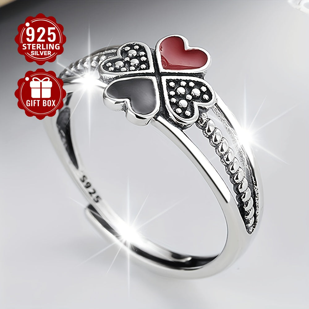 A chic and adaptable sterling silver ring for women featuring a modern enamel heart-shaped four-leaf clover design, perfect for adding flair to your travel and event outfits. Weighing approximately 2.3g, this ring is both practical and fashionable.