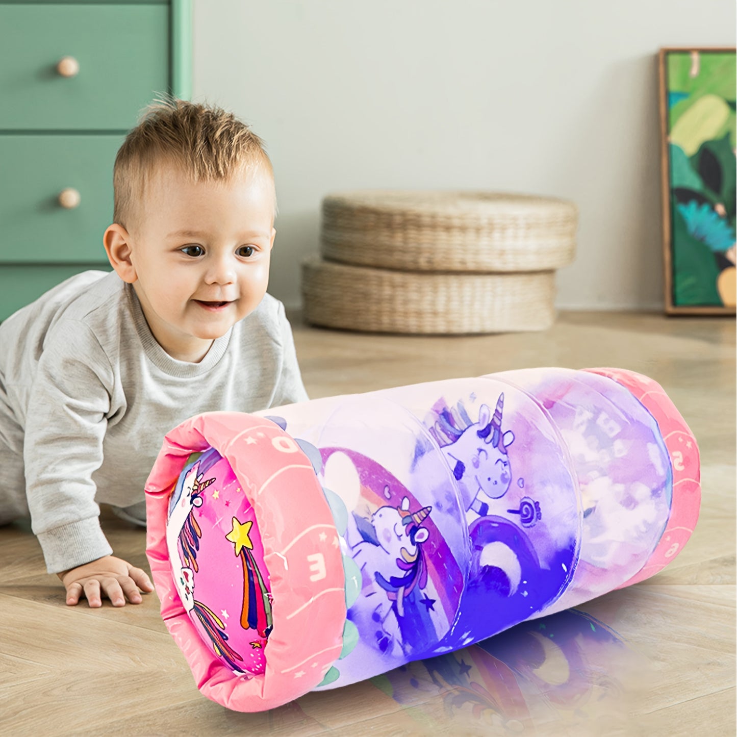 Encourage fine motor skill development in infants with this Glow-in-the-Dark Baby Crawling Toy. The PVC roller features a rattle and ball for early development activities.