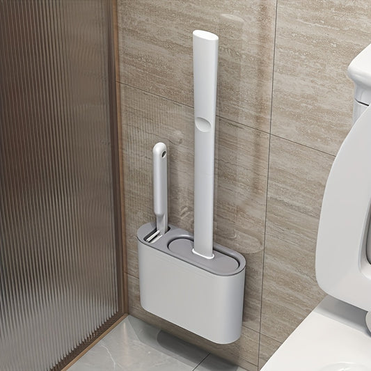 Wall-mounted toilet brush holder set with 2 silicone brush heads, long handle, and rubber grip.