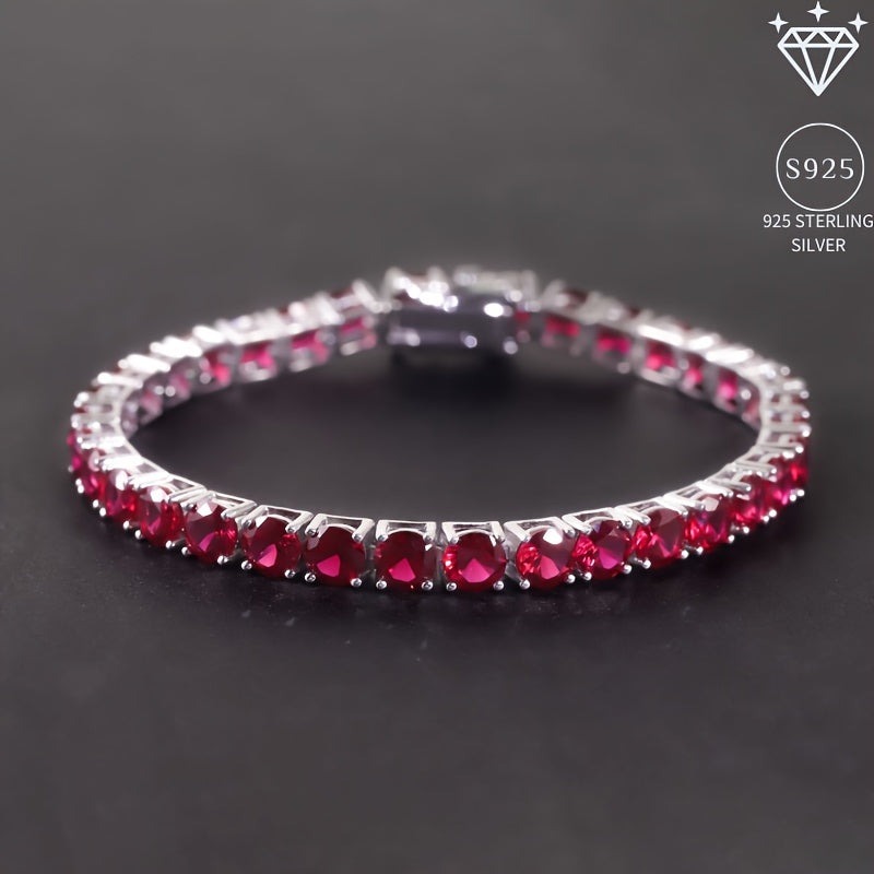 Tennis Bracelet with Synthetic Red Gemstones in Classic Royal Style, made of 925 Sterling Silver and 18K Golden Plated. Features a Flower Theme, perfect for December Birthstone Gift and suitable for Christmas and all Seasons.