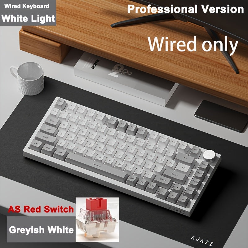 AJAZZ AK820 is a 75% wired mechanical gaming keyboard with volume knob, South-backlit LED, PBT keycaps, swappable RGB keys, ergonomic design, detachable USB-C cable, and keycap puller