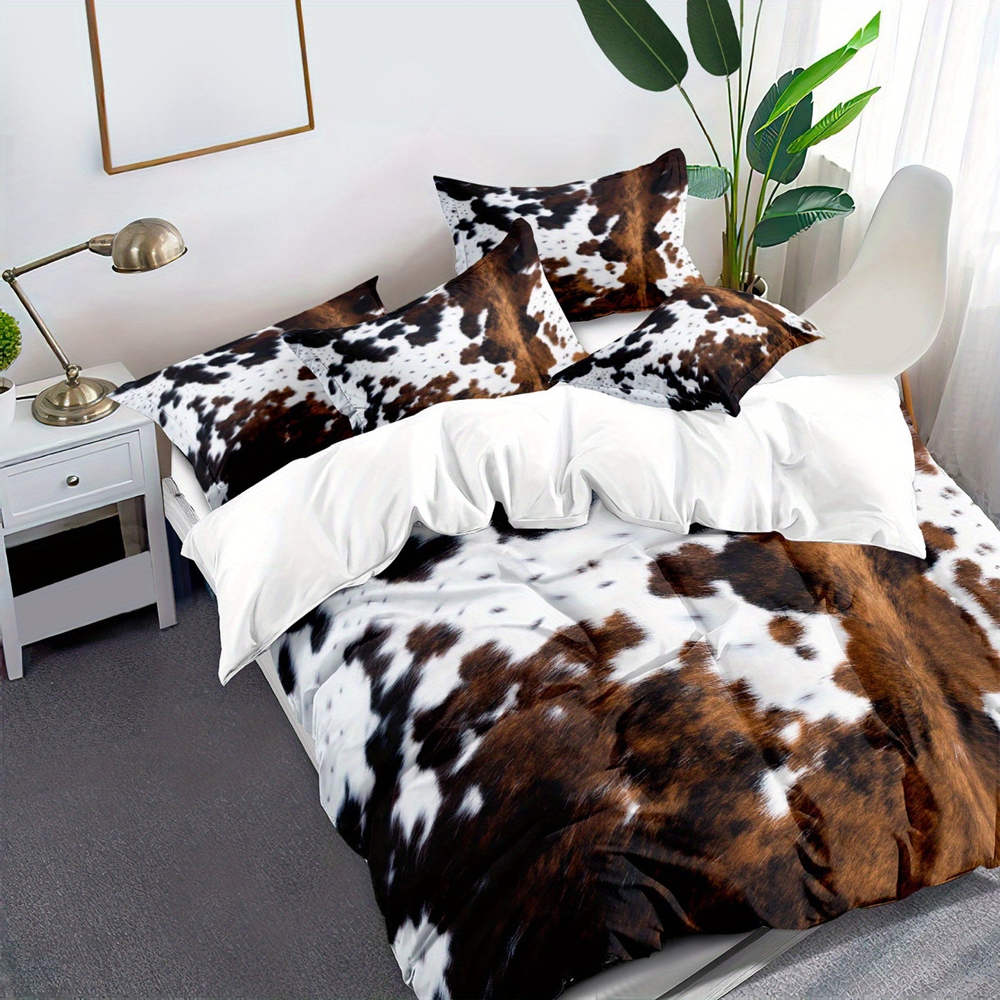 Yak leather bedding set in brown and black cow pattern, featuring washable ultra-fine microfiber duvet cover for a soft and comfortable sleep experience. Choose from 2 or 3 piece sets.