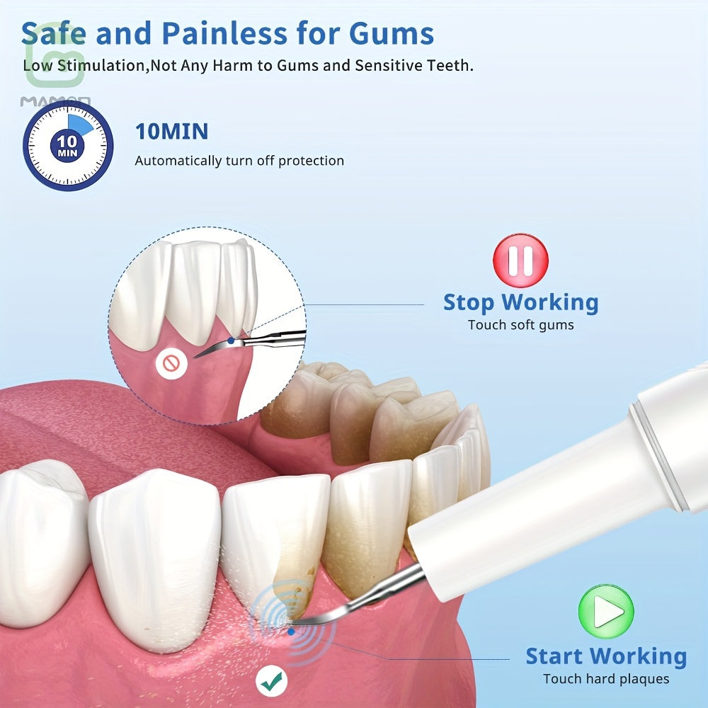 MAMON Ultimate Teeth Cleaning Kit: Rechargeable Plaque & Tartar Remover with LED Light, Stainless Steel Dental Tools, 4 Heads Included - White