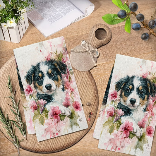 Two pieces of ultra soft kitchen towels featuring an adorable puppy and pink roses design. These towels are highly absorbent and quick-dry, making them perfect for Valentine's Day decor. They are machine washable and measure 40.64x60.96 cm.